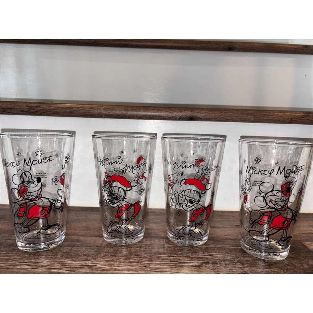 Disney Pint Glasses Mickey & Minnie Mouse Sketchbook Style Winter SET OF 4